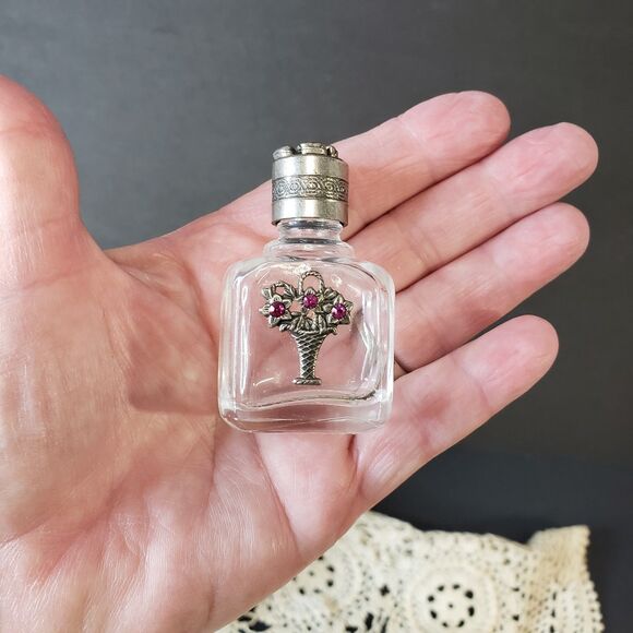 Vintage Miniature Decorative Pink Rhinestone Glass Perfume Bottle 2" Mini - Picture 5 of 8